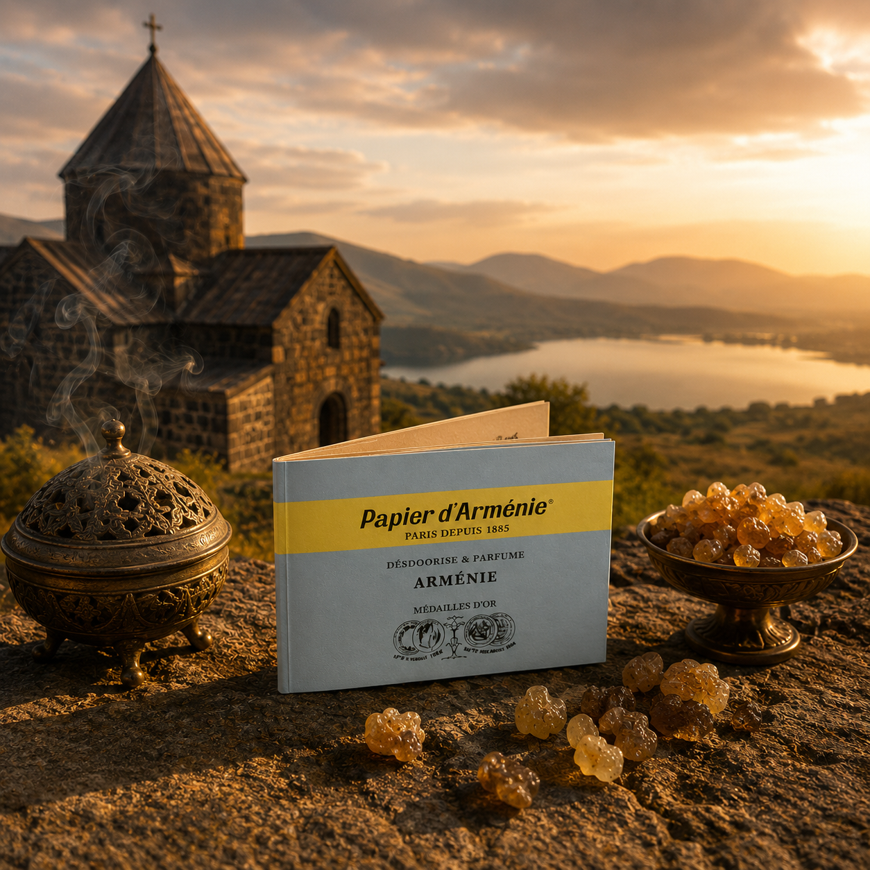 Carnet de Papier d'Arménie® Arménie légèrement entrouvert dans une ambiance inspirée de l'Orient, entouré de myrrhe, d'encens, de résines naturelles et de bois précieux.