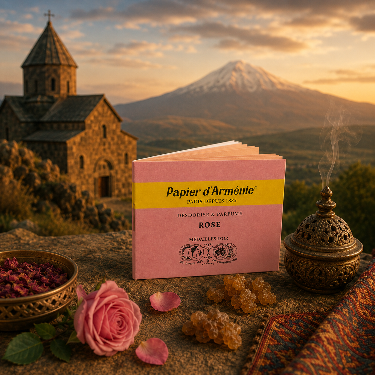 Carnet de Papier d'Arménie® La Rose légèrement entrouvert dans une ambiance inspirée de l'Arménie, entouré de roses, de pétales et d'un brûle-parfum traditionnel.