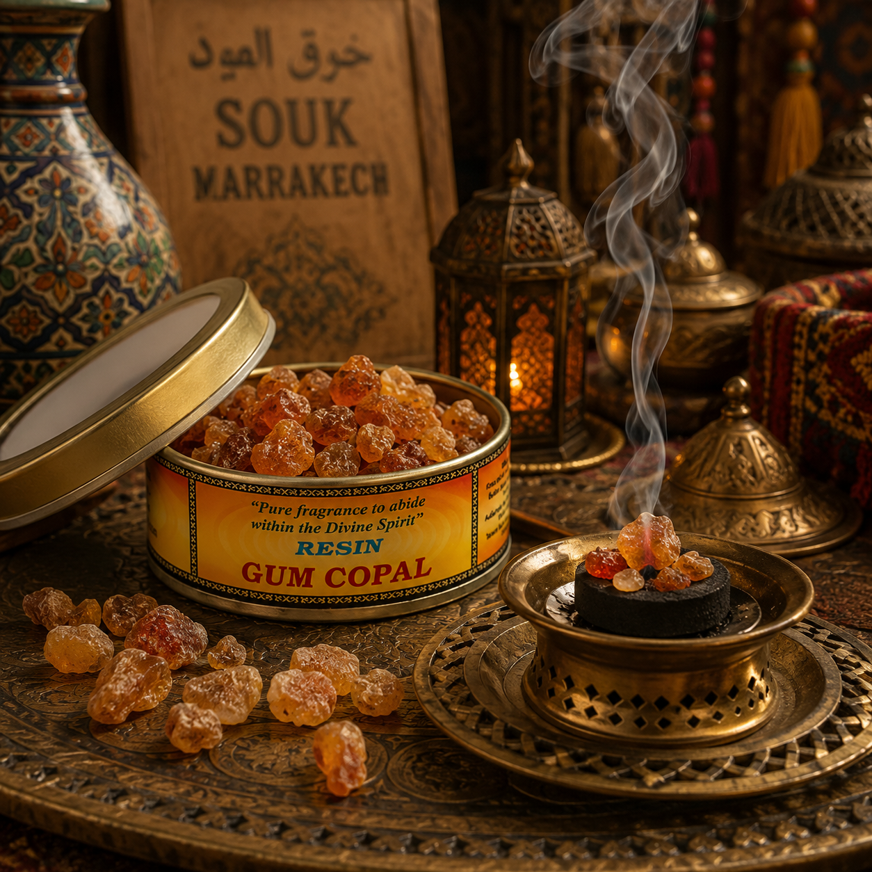 Boîte de résine naturelle Copal Song of India présentée dans une ambiance inspirée d'un souk marocain avec brûleur d'encens sur charbon, morceaux de résine dorée et volutes de fumée parfumée.