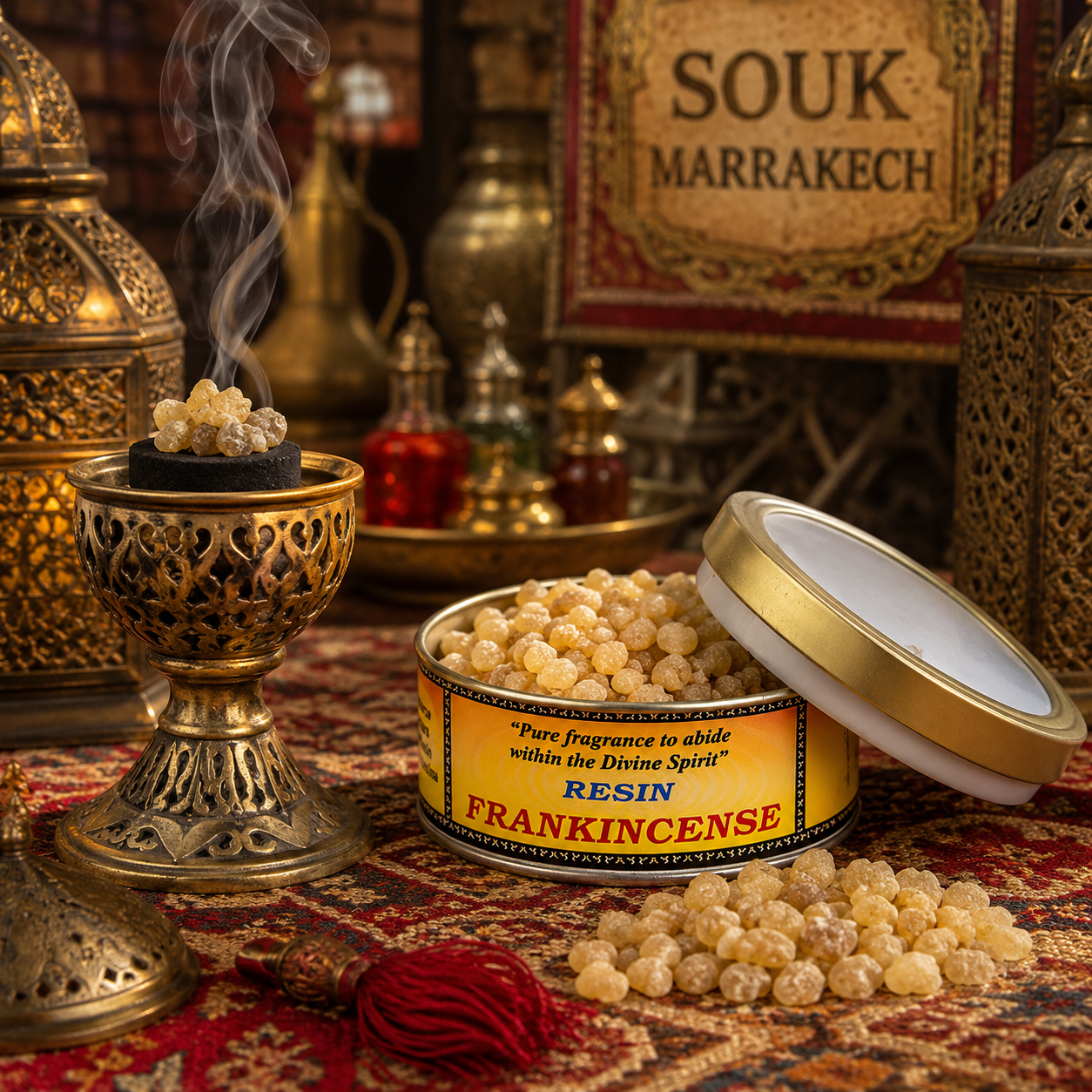 Boîte de résine naturelle Frankincense (Oliban) Song of India présentée dans une ambiance orientale inspirée d'un souk marocain avec brûleur d'encens sur charbon, larmes d'oliban, lanternes et volutes de fumée parfumée.