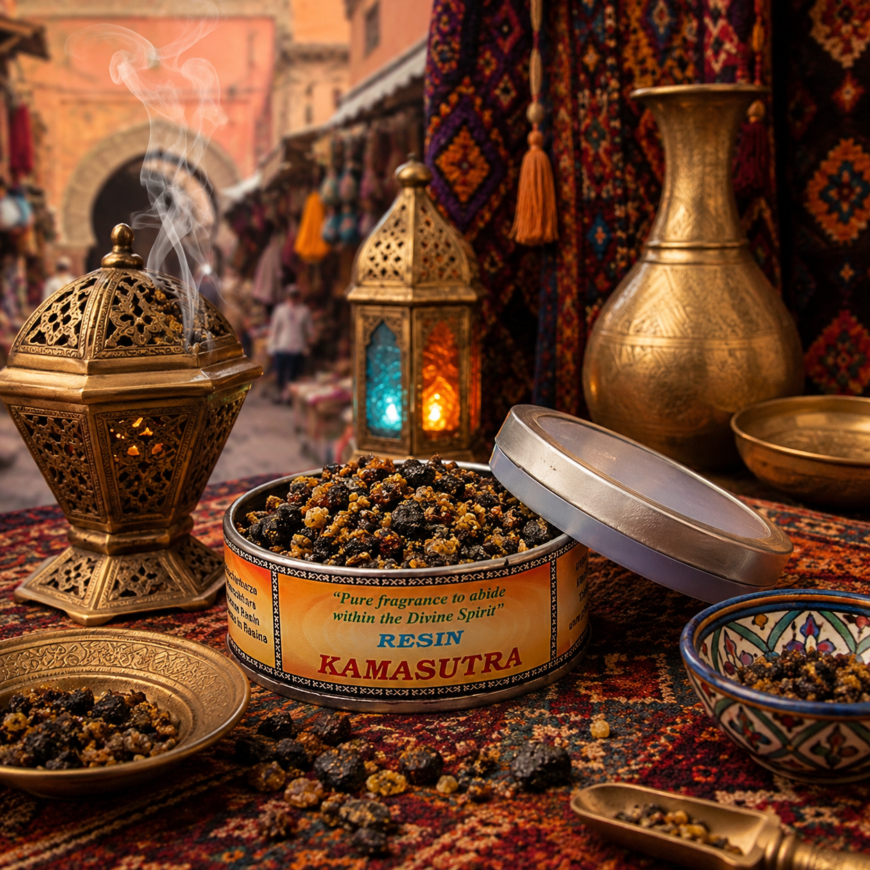 Boîte de résine Kamasutra Song of India présentée dans une ambiance inspirée d'un souk marocain avec brûleur d'encens sur charbon, décoration orientale artisanale et volutes de fumée parfumée.