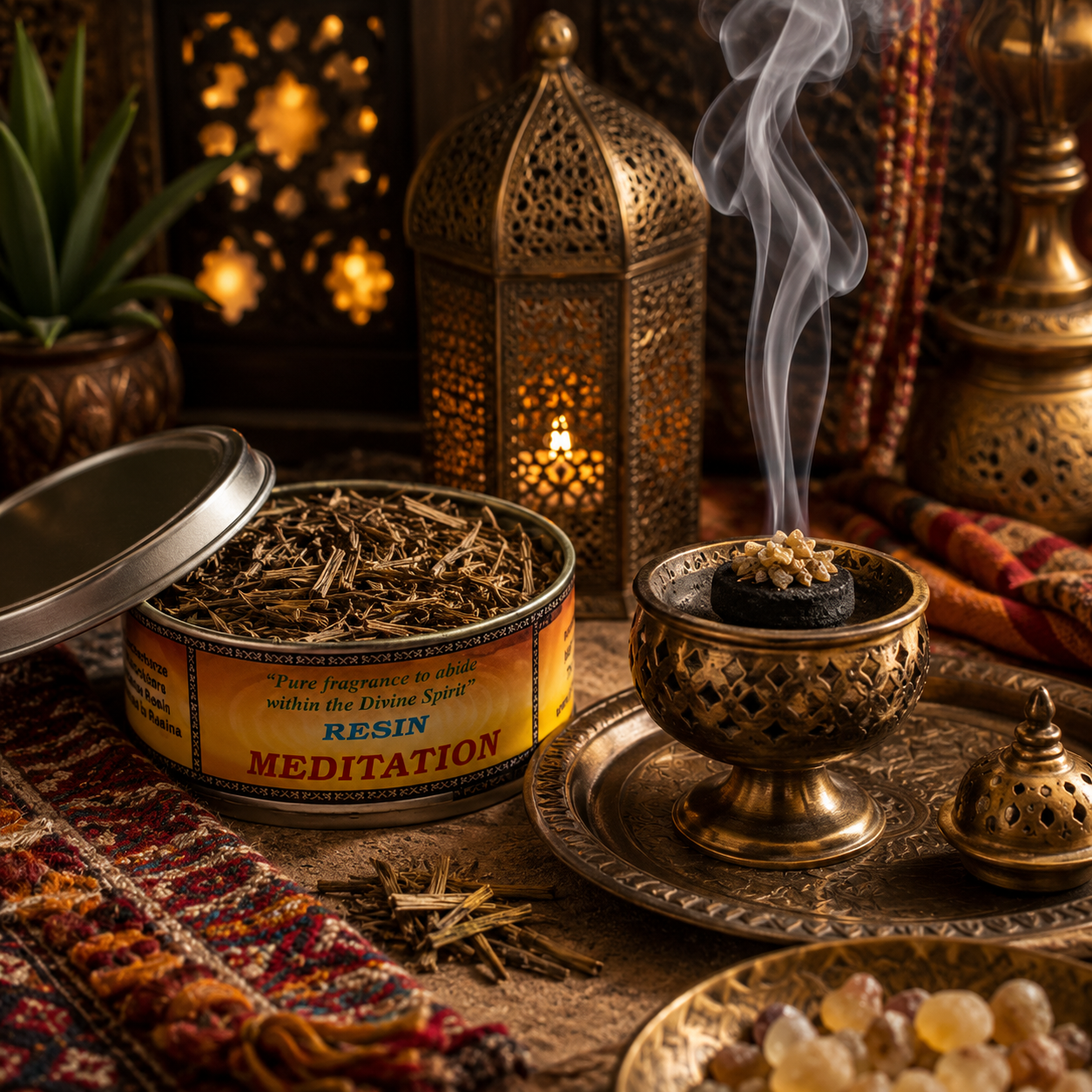 Boîte de résine Méditation Song of India composée de feuilles de citronnelle, présentée dans une ambiance orientale avec brûleur d'encens sur charbon, décoration inspirée d'un souk marocain et volutes de fumée parfumée.