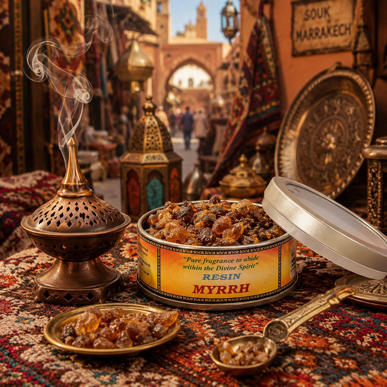 Boîte de résine naturelle Myrrhe Song of India présentée dans une ambiance inspirée d'un souk marocain avec brûleur d'encens sur charbon, décoration orientale artisanale et volutes de fumée parfumée.