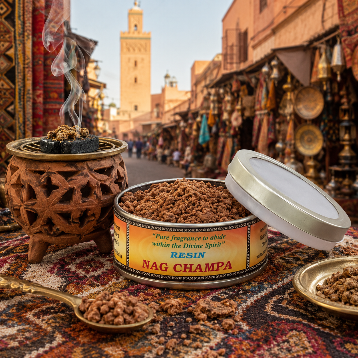 Boîte de résine Nag Champa Song of India présentée dans une ambiance inspirée d'un souk marocain avec brûleur d'encens sur charbon, décoration artisanale orientale et volutes de fumée parfumée.