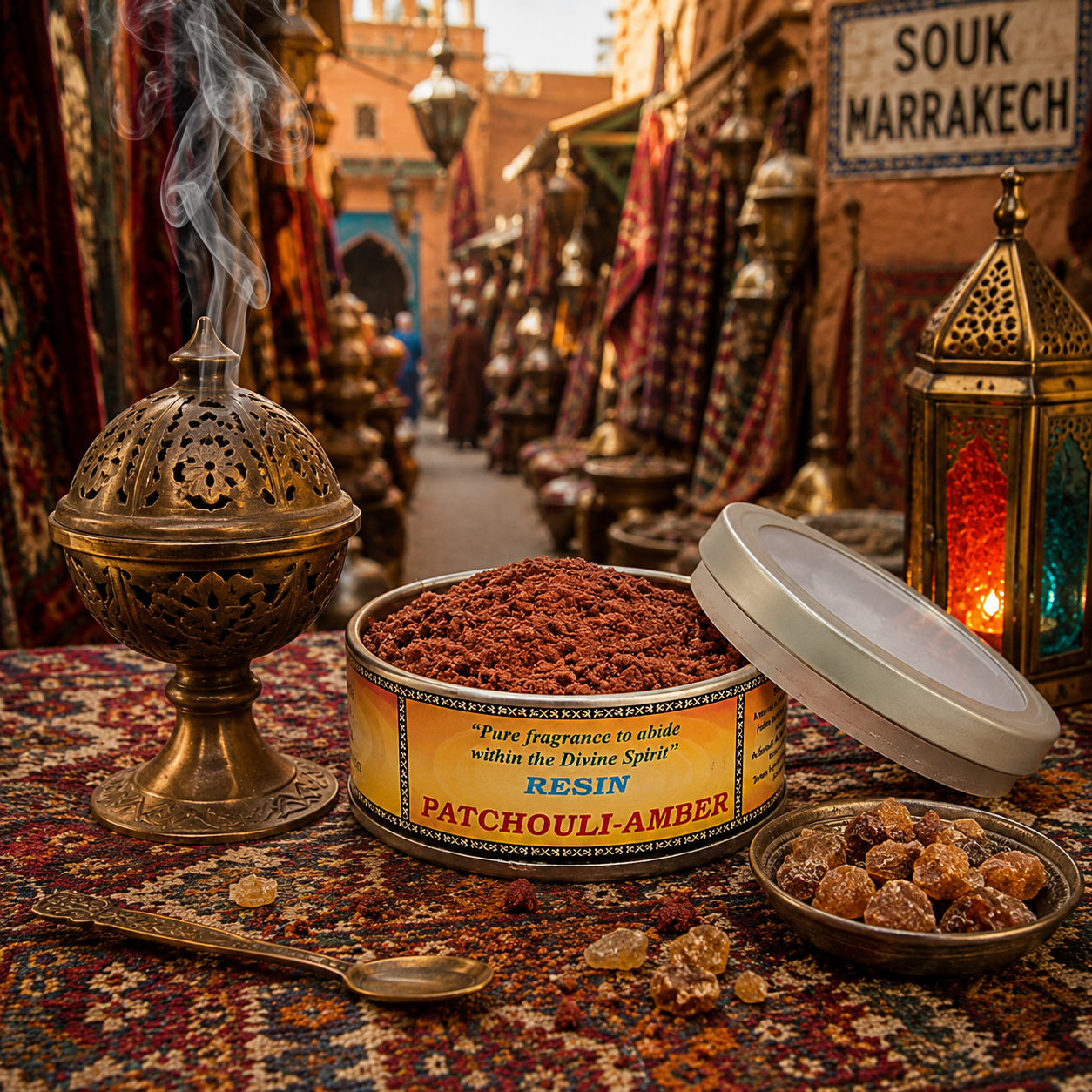 Boîte de résine Patchouli & Amber Song of India présentée dans une ambiance inspirée d'un souk marocain avec brûleur d'encens sur charbon, décoration orientale artisanale et volutes de fumée parfumée.