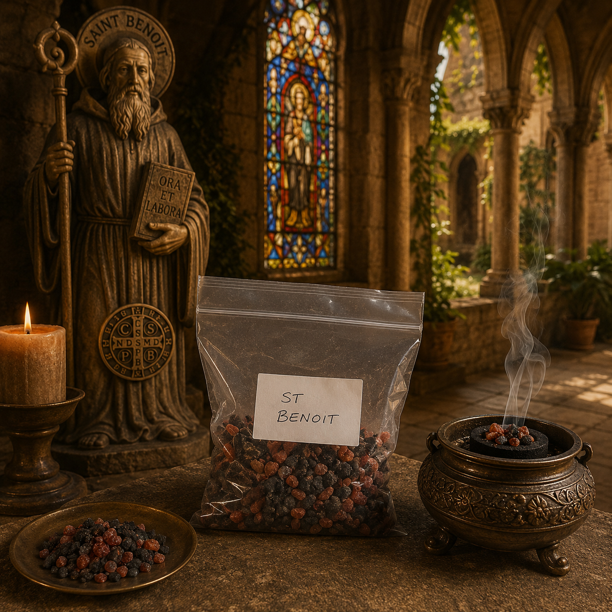Résine Saint Benoît présentée avec un brûleur à charbon dans le cloître d'un ancien monastère, entourée de coursives en pierre et de vitraux colorés, dans une ambiance de recueillement.