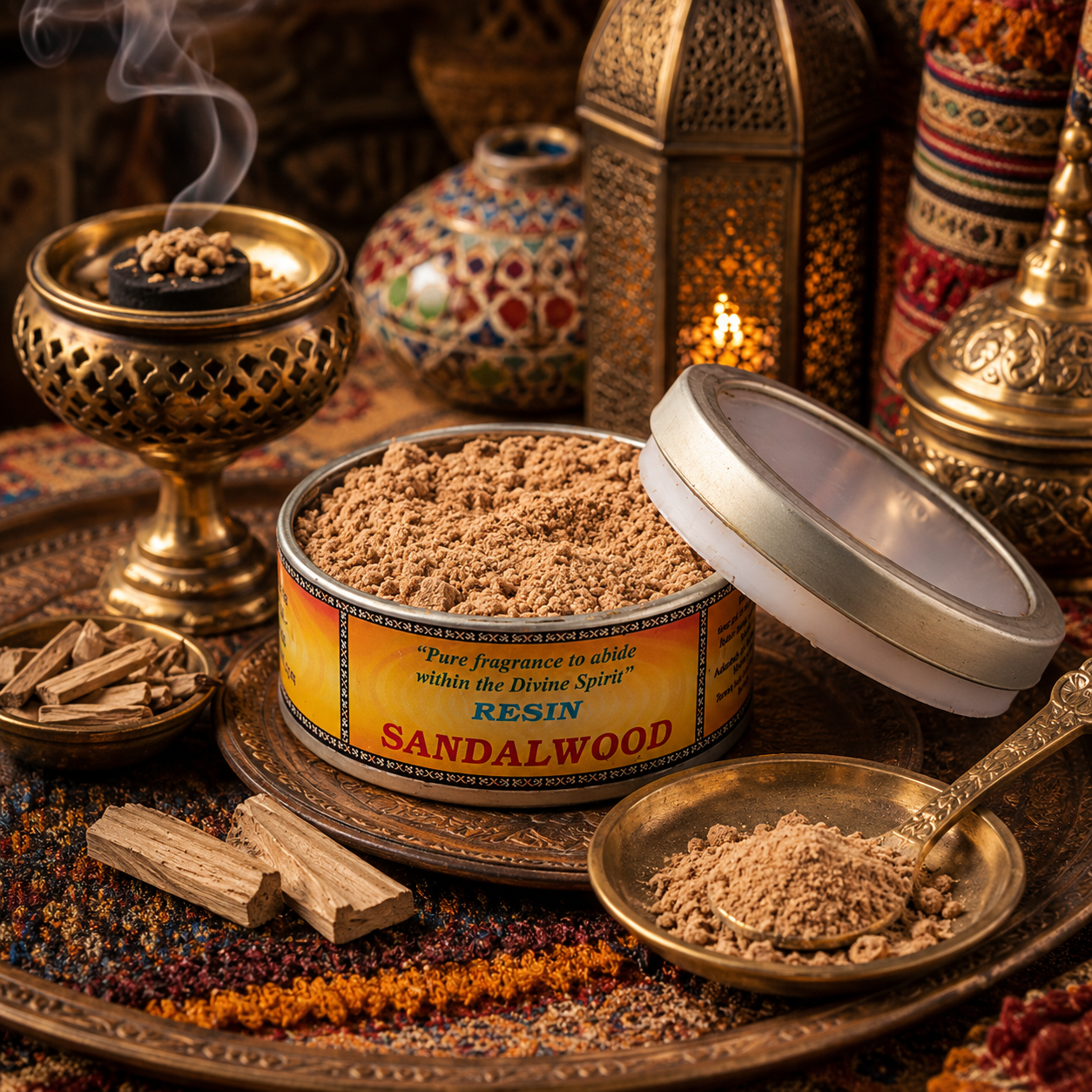 Boîte de résine Sandalwood Song of India présentée dans une ambiance orientale inspirée d'un souk marocain avec brûleur d'encens sur charbon, copeaux de bois de santal et décoration artisanale chaleureuse.