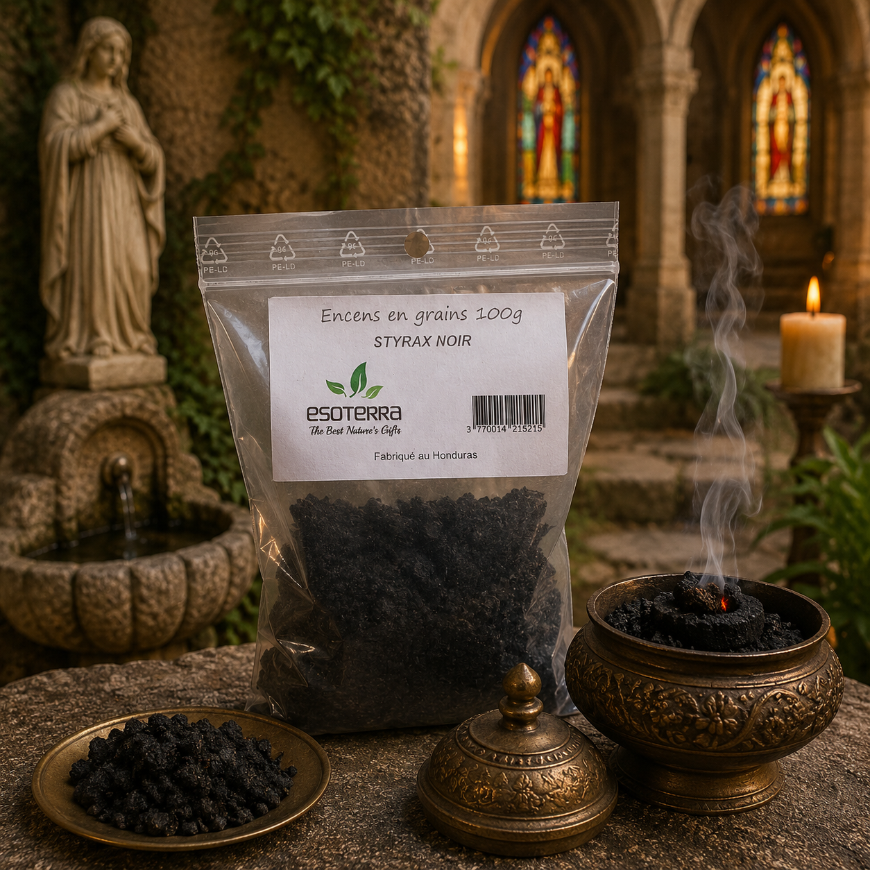 Résine Styrax Noir Esoterra 100 g présentée avec un brûleur à charbon dans une ambiance de couvent ancien, vitraux, bénitier et statue favorisant le recueillement.