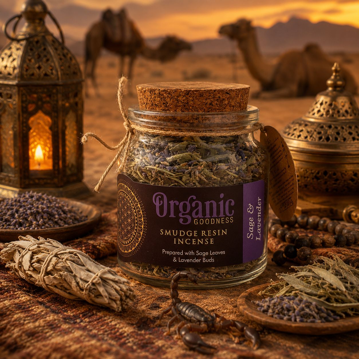 Pot de mélange de Sauge Blanche et Lavande présenté dans une ambiance de campement nomade désertique, entouré de feuilles de sauge, de fleurs de lavande, d'un encensoir oriental, de lanternes et d'un scorpion symbolisant les paysages désertiques.